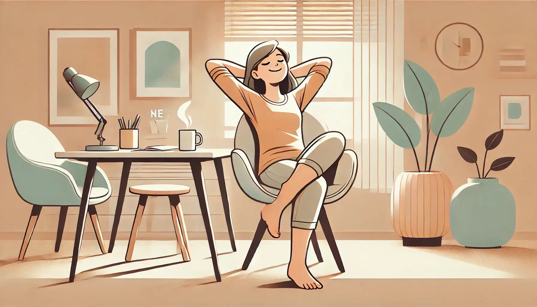 Relaxed woman enjoying coffee in sunny room.