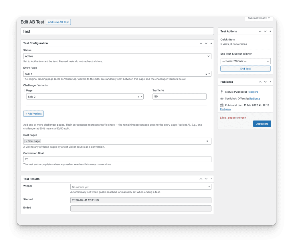 AB test configuration screen for webpage variants.