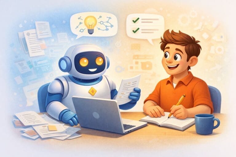 Robot helping man with laptop and ideas