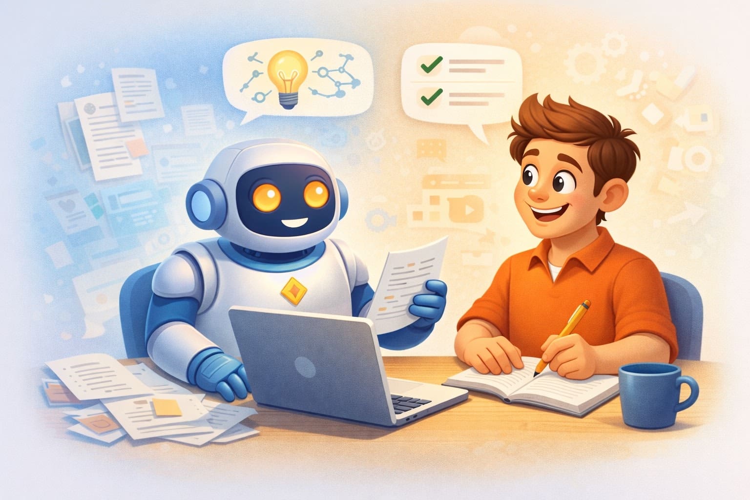 Robot helping man with laptop and ideas