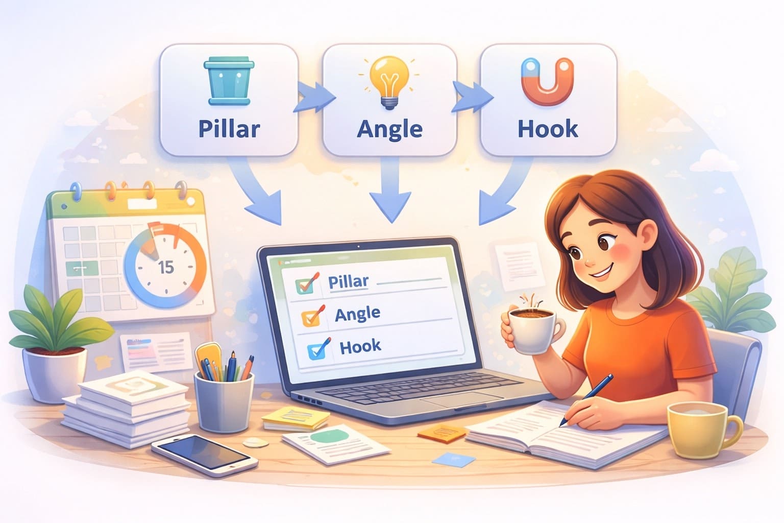 Woman planning content strategy with laptop and coffee.