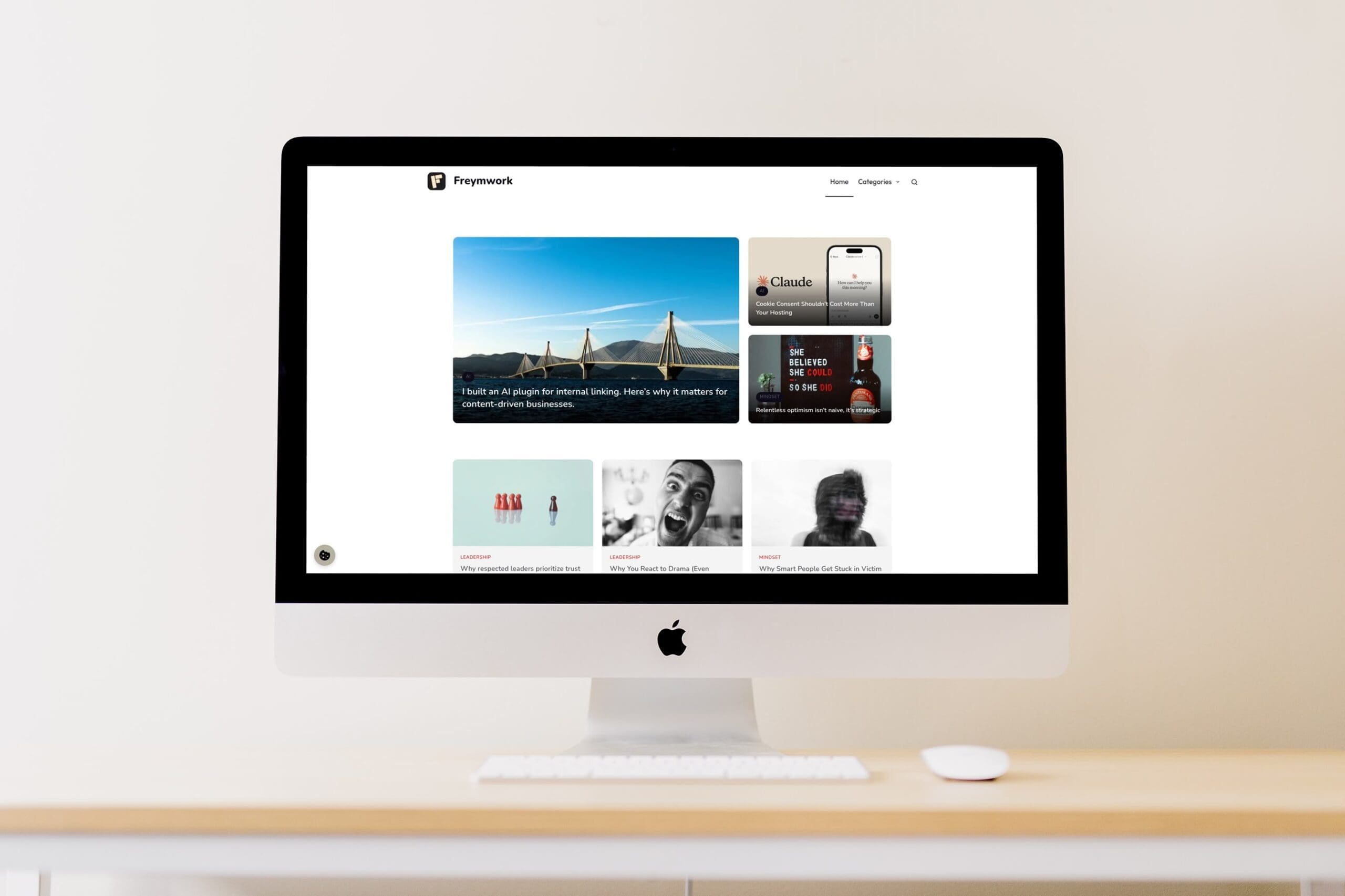 Desktop computer displaying a website homepage