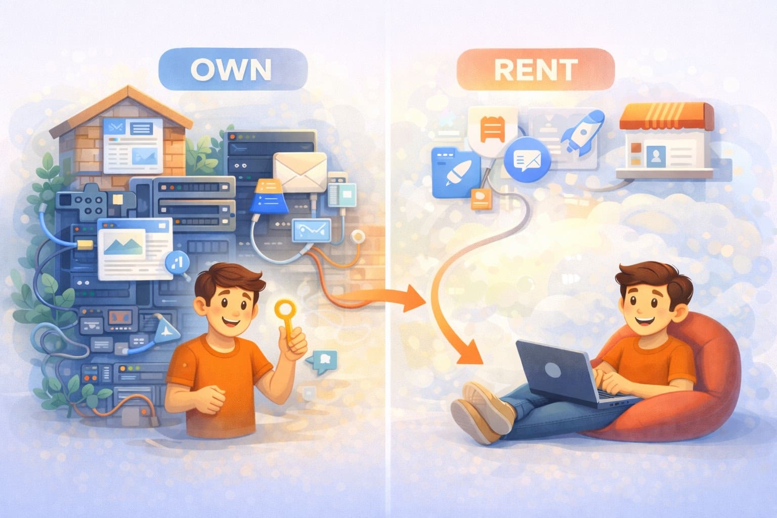 Illustration comparing owning versus renting resources.