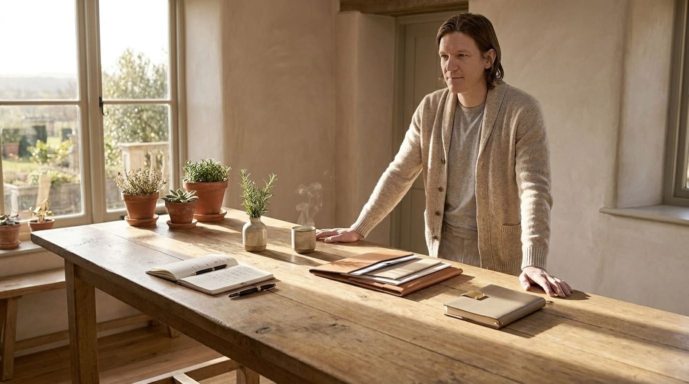 Person standing at a long wooden worktop with three distinct work zones laid out – notebook, kraft folder, planner – tall window onto countryside, terracotta herb pots, warm morning light